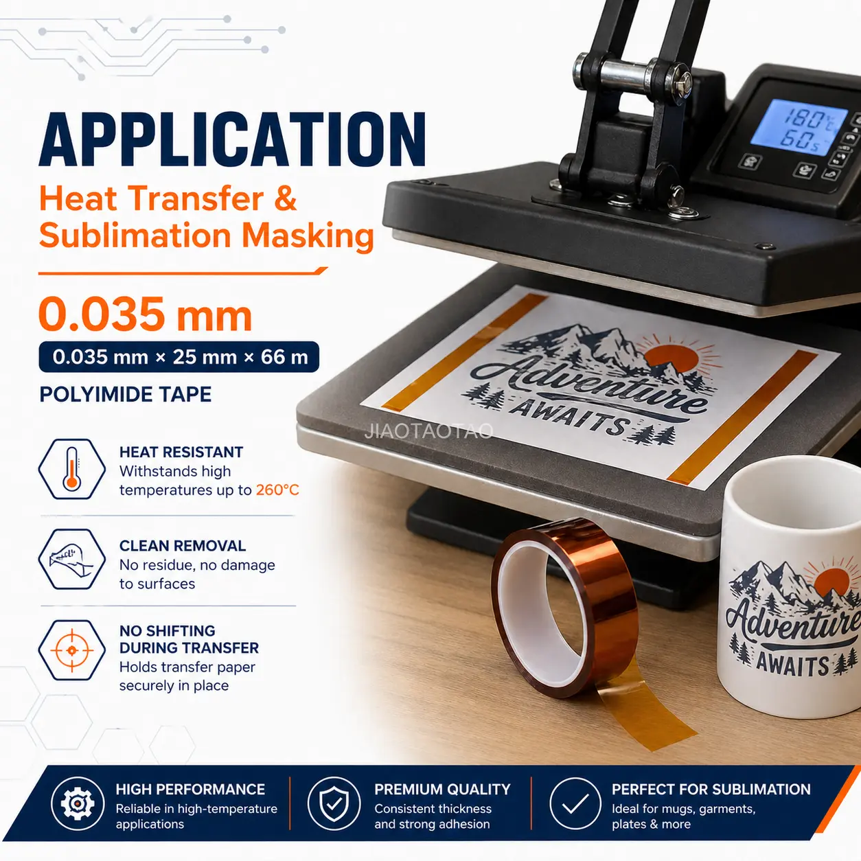 Polyimide tape 0.035mm x 25mm for heat transfer, sublimation masking, and precision positioning.